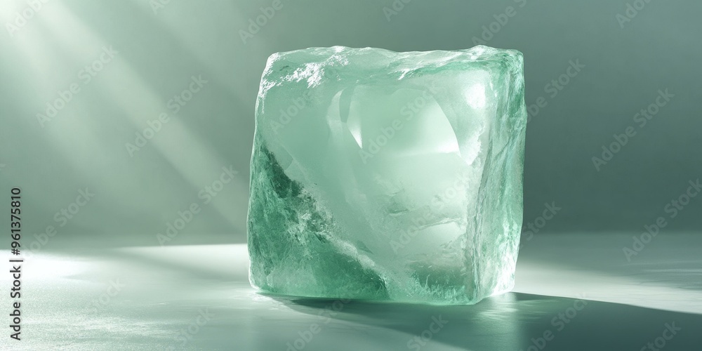 Large green ice cube on a light surface. Large green ice cube on a light surface.