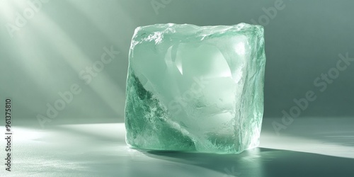 Large green ice cube on a light surface.