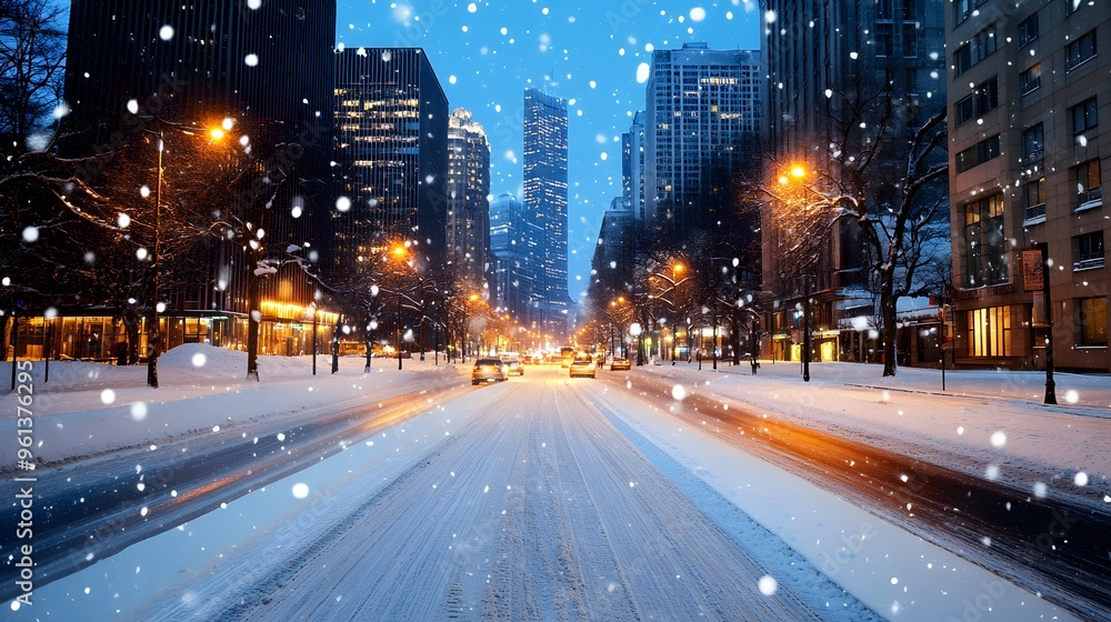 Falling snow covering a street in the city at night Falling snow covering a street in the city at night