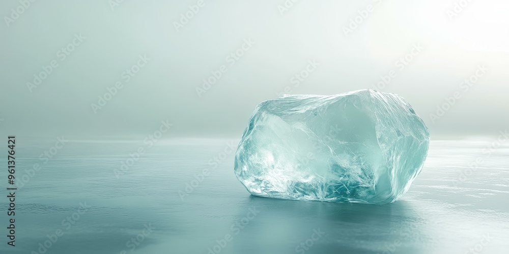 A large ice cube sits on a blue surface. A large ice cube sits on a blue surface.