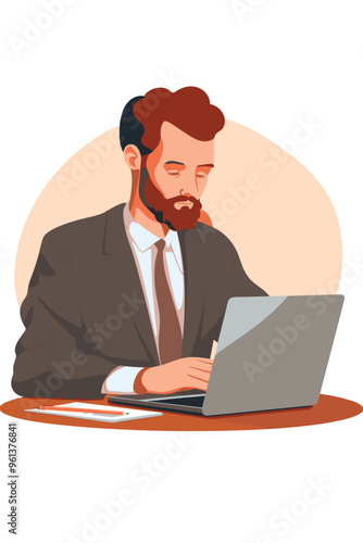 Manager Working on Laptop at Workplace, Monochrome Pictogram Icon