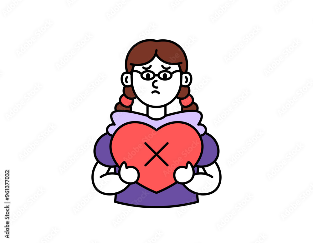 concept of love dead. no longer feel love. illustration of a woman holding a heart with a cross. sad and troubled facial expression. love or romance problems. outline style character design. elements concept of love dead. no longer feel love. illustration of a woman holding a heart with a cross. sad and troubled facial expression. love or romance problems. outline style character design. elements