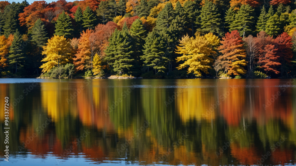 A tranquil lake reflecting vibrant autumn trees, leaving large areas of calm water and sky for copy space A tranquil lake reflecting vibrant autumn trees, leaving large areas of calm water and sky for copy space