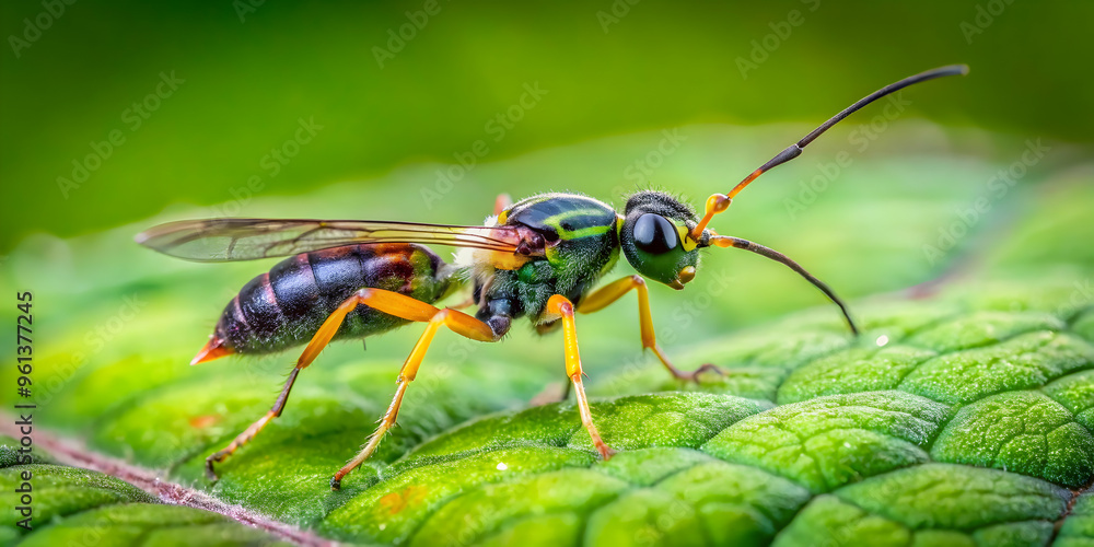 Fototapeta premium Striking Wasp Close-Up: A vibrant red and black wasp perched on a lush green leaf, its intricate details and sharp eyes captured in stunning macro photography. The natural beauty and intricate pattern