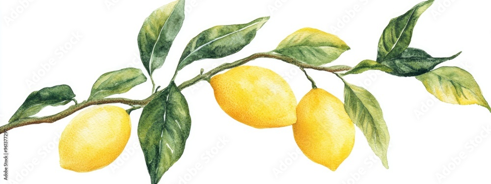 Vibrant Watercolor Illustration of Lemons on a Branch with Lush Leaves Vibrant Watercolor Illustration of Lemons on a Branch with Lush Leaves