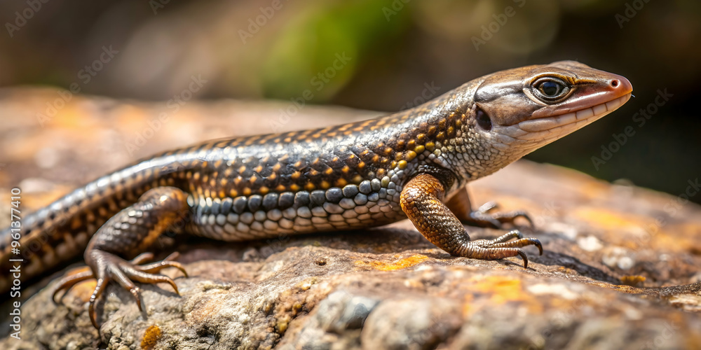 Naklejka premium Sun-Kissed Skink: A vibrant Australian skink basks on a sun-drenched rock, its intricate scales catching the light. 