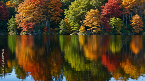 A tranquil lake reflecting vibrant autumn trees, leaving large areas of calm water and sky for copy space