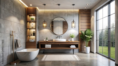 Contemporary bathroom interior boasts a sophisticated vanity, cutting-edge fixtures, and a neutral backdrop for bespoke photo