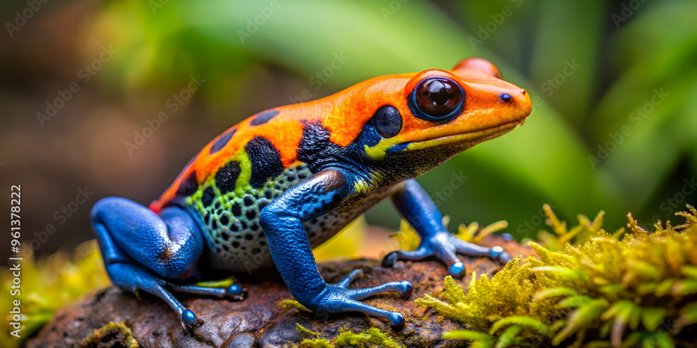 Vibrant Poison Dart Frog in Jungle: A close-up portrait of a stunning poison dart frog, showcasing its vibrant colors and intricate patterns against a backdrop of lush green foliage. Vibrant Poison Dart Frog in Jungle: A close-up portrait of a stunning poison dart frog, showcasing its vibrant colors and intricate patterns against a backdrop of lush green foliage.