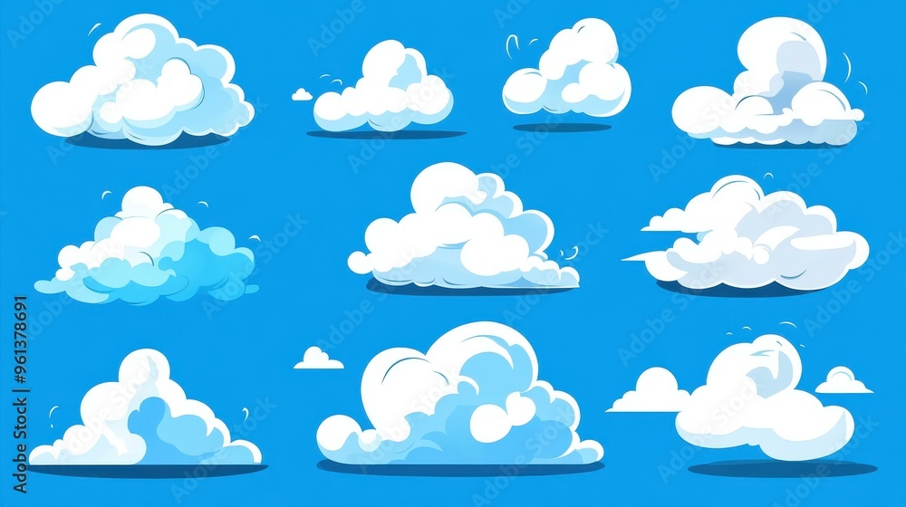 Cartoon fluffy clouds dance against a vibrant blue sky in this fun and modern vector illustration. Perfect for design Cartoon fluffy clouds dance against a vibrant blue sky in this fun and modern vector illustration. Perfect for design