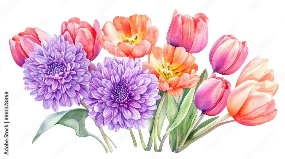 A Stunning Display of Watercolor Flowers: Vibrant Tulips and Chrysanthemums in Bloom A Stunning Display of Watercolor Flowers: Vibrant Tulips and Chrysanthemums in Bloom