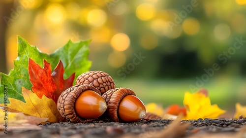 Falling autumn acorns bouncing on the ground photo