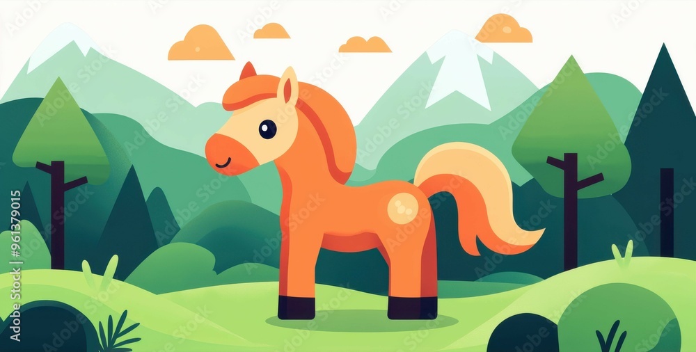 Naklejka premium Majestic stallion rears up, showcasing its beauty amid a vibrant summer forest filled with lush greenery and a gentle brook.