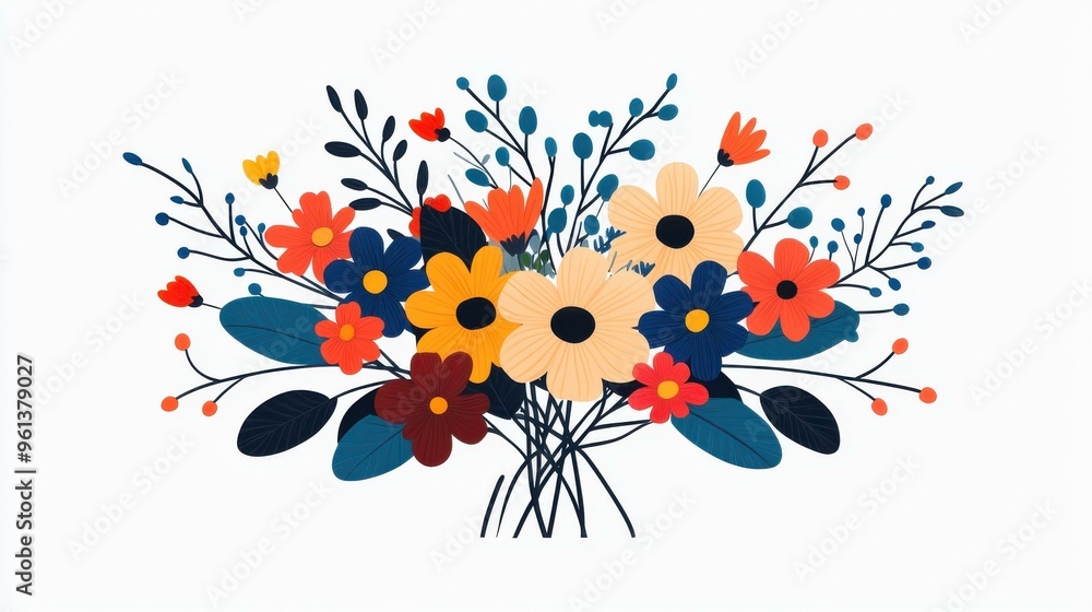 Bright and cheerful wildflowers bouquet in a rustic style. Perfect semiflat illustration for birthday wishes and web design. Bright and cheerful wildflowers bouquet in a rustic style. Perfect semiflat illustration for birthday wishes and web design.