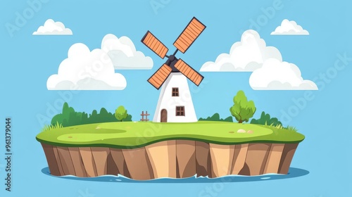 A whimsical windmill stands tall on a floating island, merging cartoon charm with modern flat design and vivid textures. photo