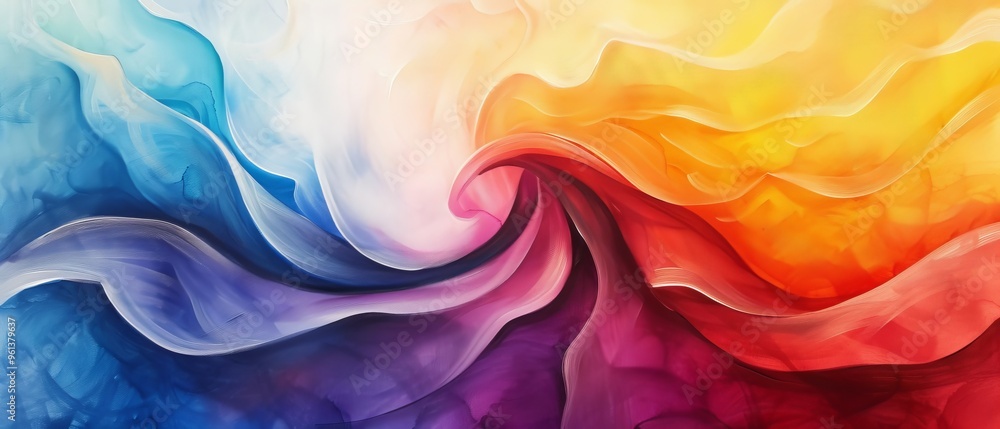 A multicolored abstract painting features waves and swirls against a white and blue backdrop Red, yellow, orange, and blue hues intertwine in dynamic swirls A multicolored abstract painting features waves and swirls against a white and blue backdrop Red, yellow, orange, and blue hues intertwine in dynamic swirls