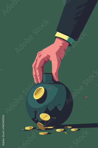 Inexperienced Investor's Hand Inserting Coin into Bomb, Risking Loss in Falling Stock Market Amidst Financial Crisis and Economic Uncertainty