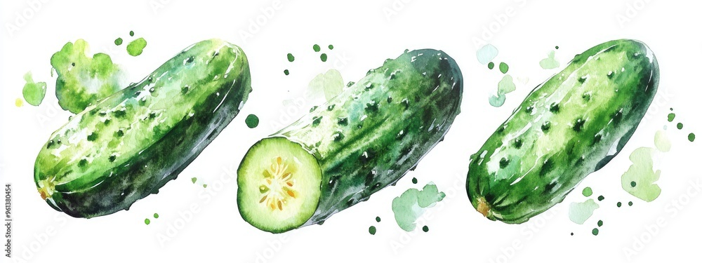 Vibrant Watercolor Depiction of Cucumbers Fresh from the Garden Vibrant Watercolor Depiction of Cucumbers Fresh from the Garden