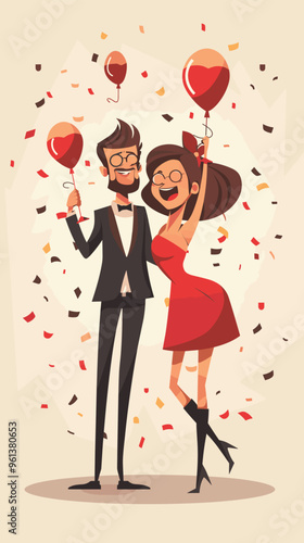 Happy and Lucky Couple or Friends Celebrating Winning Lottery or Contest, Big Box with Confetti and Cash Money Prize, Rewarding Victory