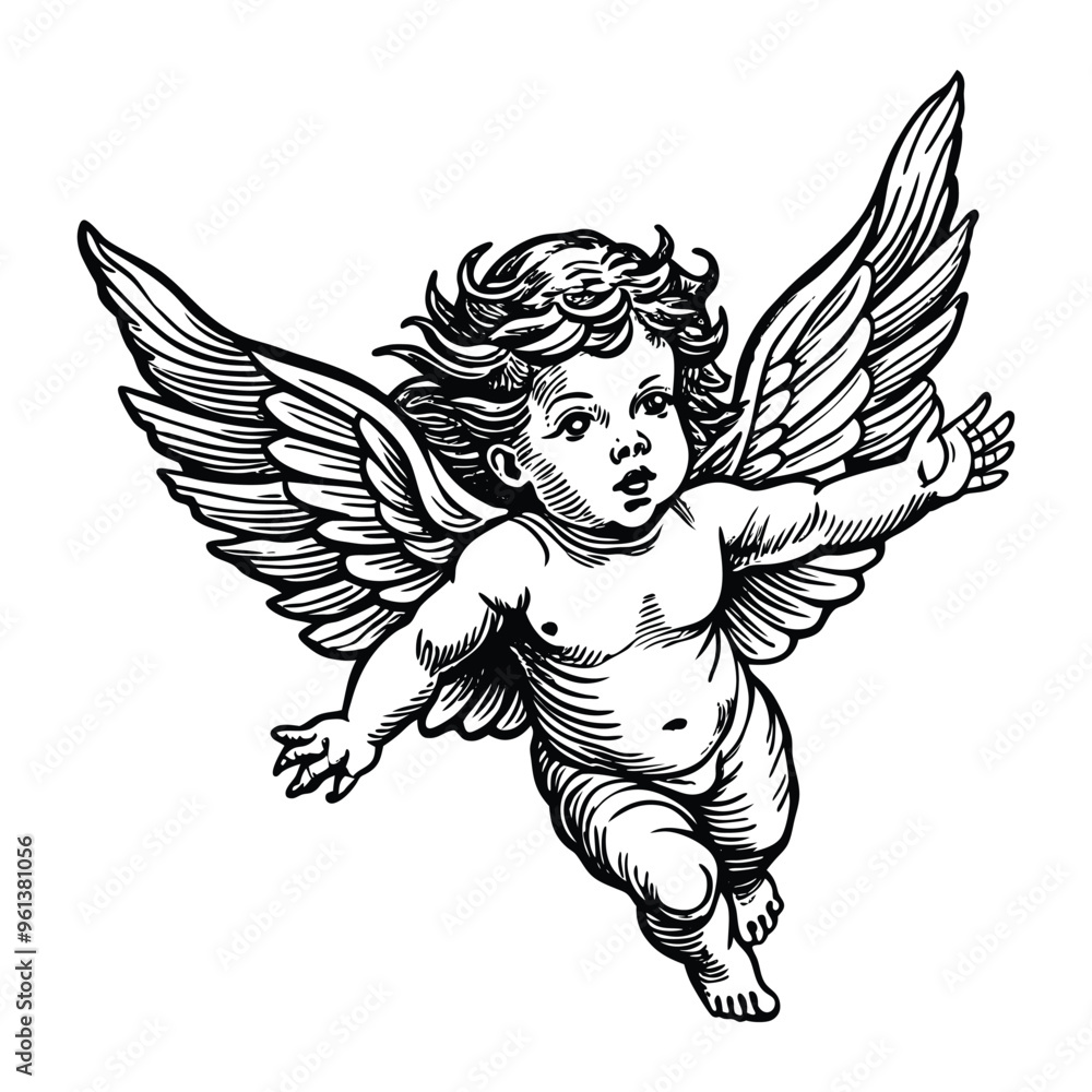 Fototapeta premium flying baby angel drawing vector hand drawn illustration