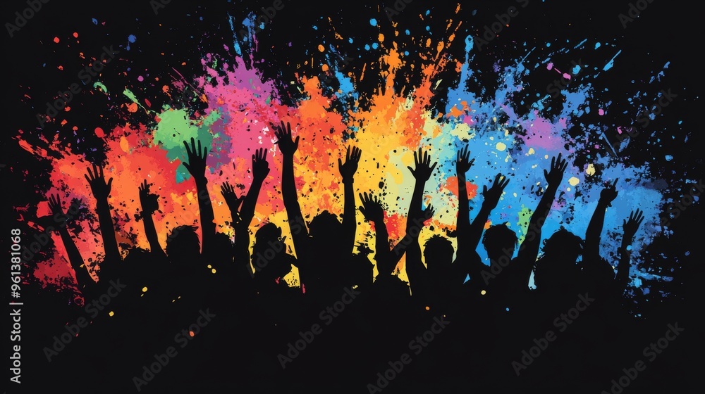 Silhouettes of people with raised hands against a vibrant background of colorful paint splatters. .