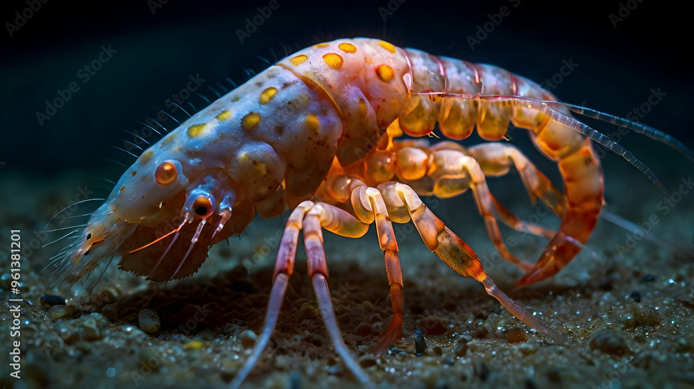 Deep Sea Creature: A translucent lobster with bioluminescent spots crawls on the ocean floor in a mesmerizing display of deep-sea life. 