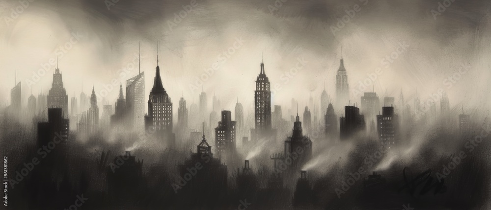 Fototapeta premium A monochromatic cityscape painting featuring numerous smokestacks emitting thick plumes of smoke