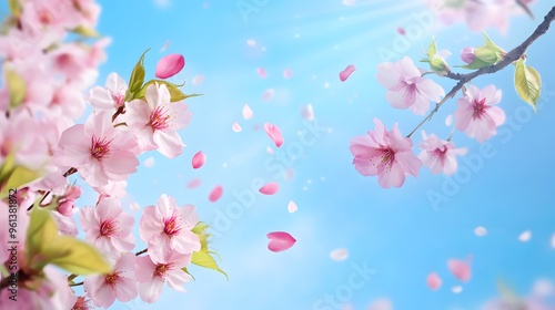 Falling flower petals from cherry blossoms in a gentle spring breeze