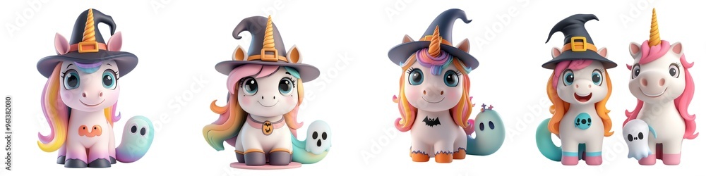 Fototapeta premium Charming unicorn figurines in whimsical hats, perfect for Halloween themes or playful decorations for all ages.