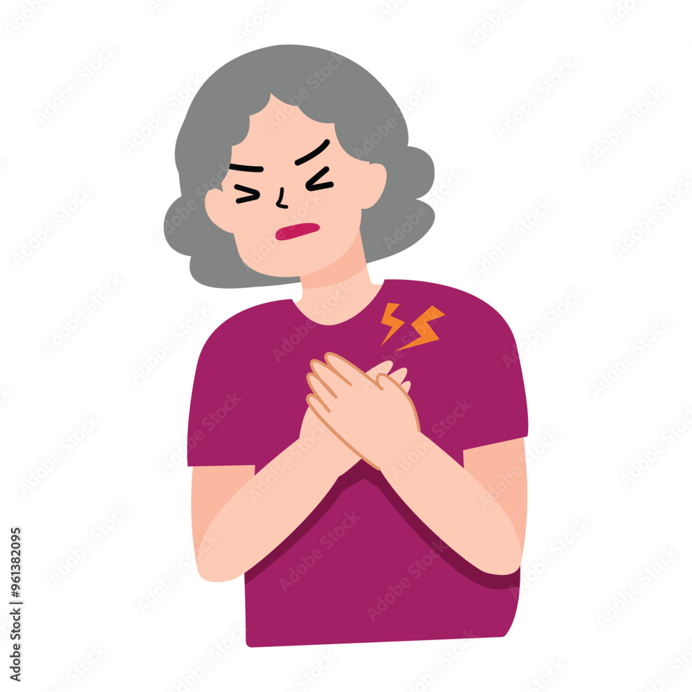 Elder or old woman holding heart from pain. hurt heart attack. health and medical concept for illustration Elder or old woman holding heart from pain. hurt heart attack. health and medical concept for illustration