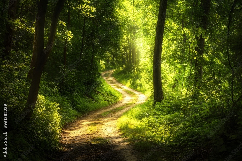 Obraz premium Tranquil Forest Path Winding Through Verdant Woodland Scenery for Relaxing Bedroom Decor