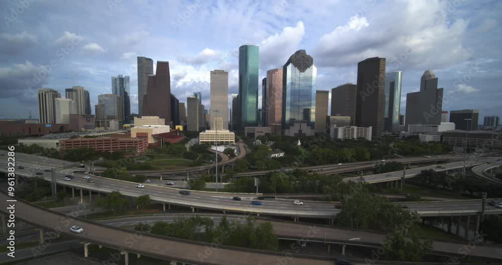 Ascending wide angle drone shot of the downtown Houston, Texas area Ascending wide angle drone shot of the downtown Houston, Texas area