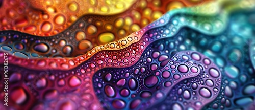  A tight shot of water droplets on a vibrant surface, featuring a multihued wave running through its heart
