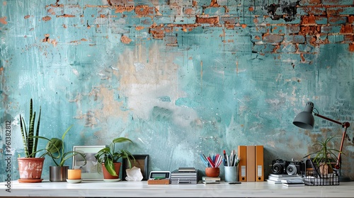 Minimalist Workspace with Rustic Brick Wall and Greenery photo