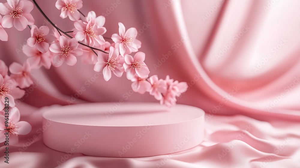 A Round Podium with a Branch of Sakura Cherry Blossoms A Round Podium with a Branch of Sakura Cherry Blossoms