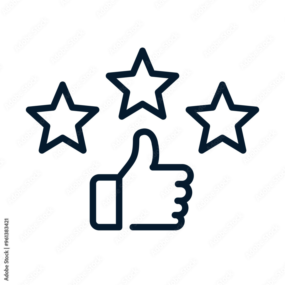 Customer satisfaction and positive feedback. Thumb up with three stars. Vector linear icon isolated on white background. Customer satisfaction and positive feedback. Thumb up with three stars. Vector linear icon isolated on white background.