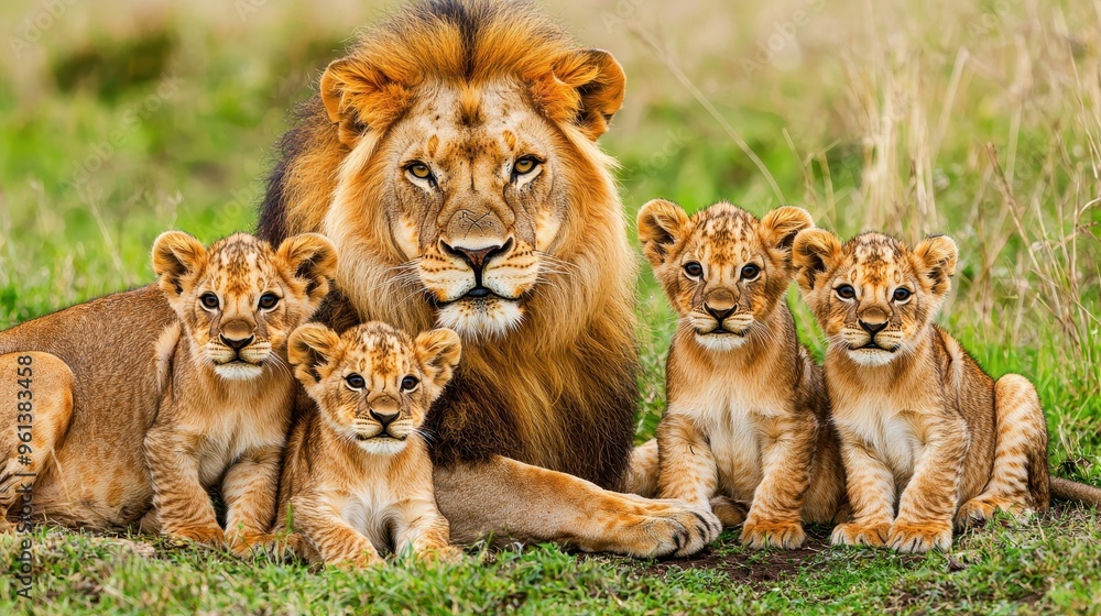 Lion Pride Male Lion with Lion Cubs in Grass Lion Pride Male Lion with Lion Cubs in Grass