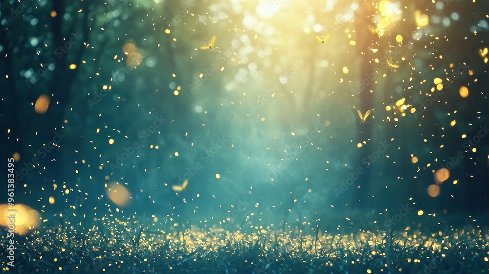 Fototapeta premium Magical Summer Forest with Fireflies and Sunlight