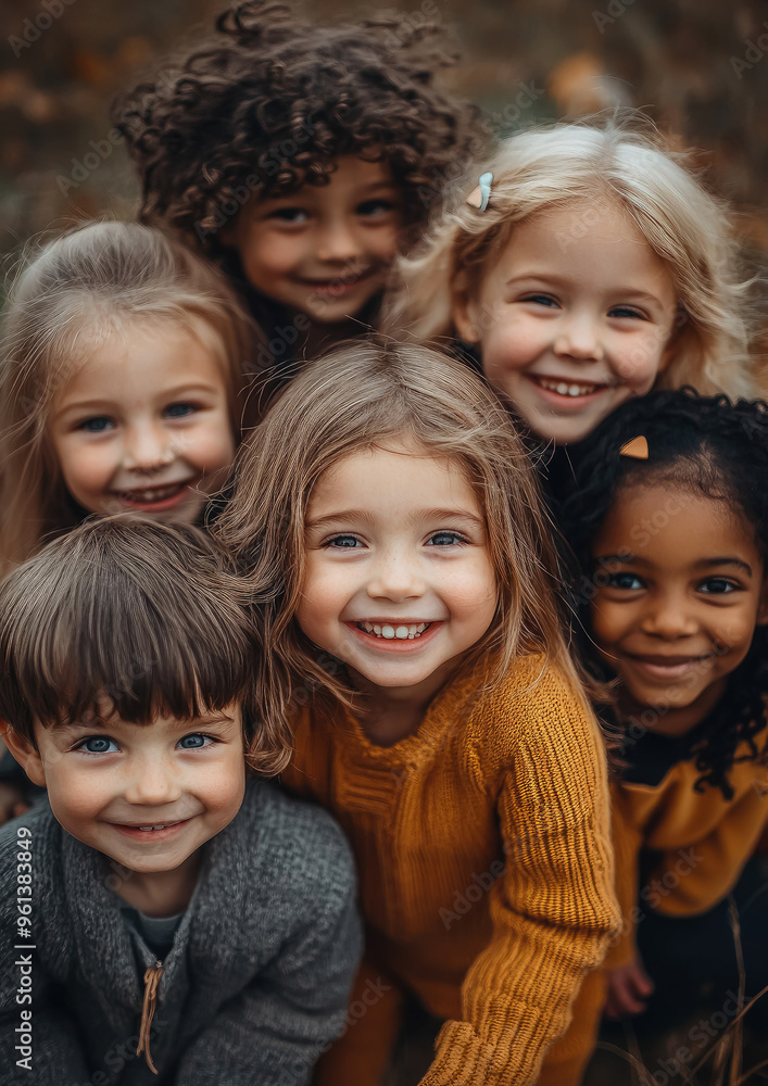 Group of cheerful little children of different nationalities in green summer park, friends, diversity, smiling child, kid, kindergarten, family, portrait, boys and girls faces Group of cheerful little children of different nationalities in green summer park, friends, diversity, smiling child, kid, kindergarten, family, portrait, boys and girls faces