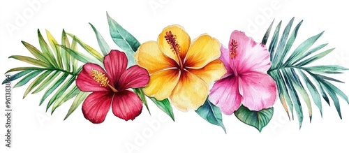 Vibrant Hibiscus Flowers: A Tropical Watercolor Floral Arrangement