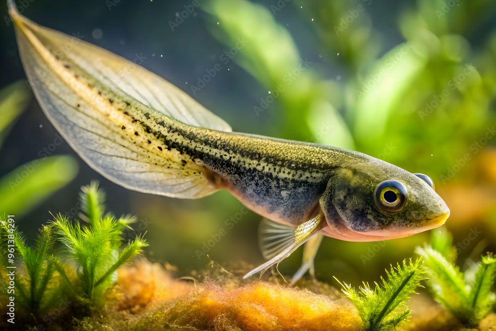 Fototapeta premium Tadpole Transformation: A close-up of a tadpole in its final stages of metamorphosis, showcasing its developing limbs and fading tail fin, a testament to nature's wonder.
