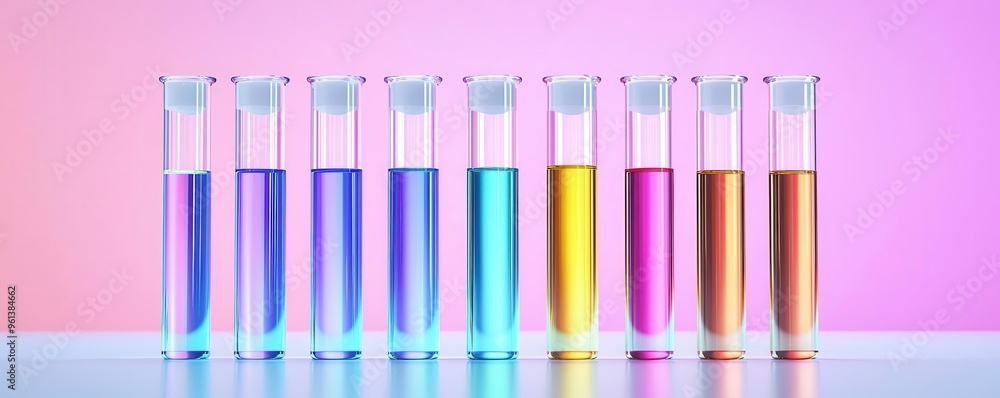 Fototapeta premium Biotechnology lab featuring multi-colored glowing liquids in test tubes, representing advanced gene therapy research