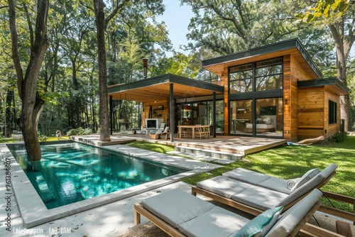 Wallpaper Mural Modern home with pool and small wooden cabin, concrete patio with grassy yard, tall trees, and two lounge chairs in foreground. Torontodigital.ca
