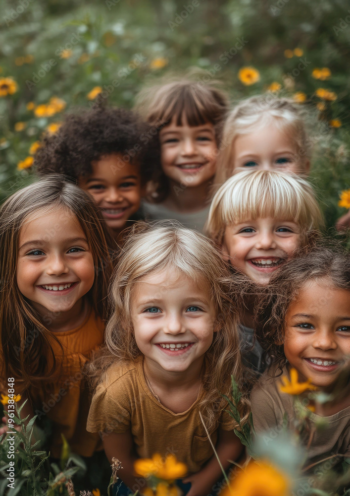 Group of cheerful little children of different nationalities in green summer park, friends, diversity, smiling child, kid, kindergarten, family, portrait, boys and girls faces Group of cheerful little children of different nationalities in green summer park, friends, diversity, smiling child, kid, kindergarten, family, portrait, boys and girls faces