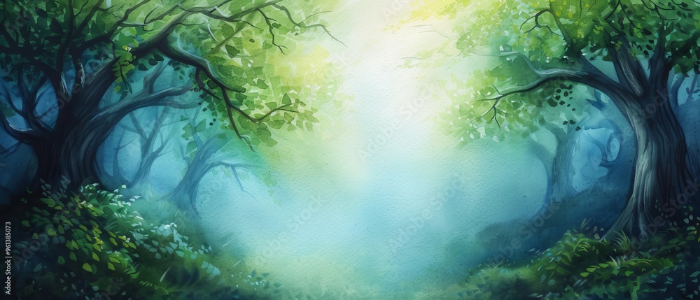 Naklejka premium Sunlight filters through trees, casting dappled light; Blue radiance emanates from picture's heart