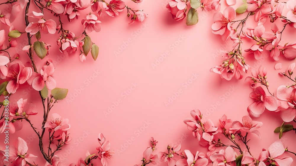 Border of vibrant pink flowers with green leaves on a white background, creating a natural frame with copy space in the center