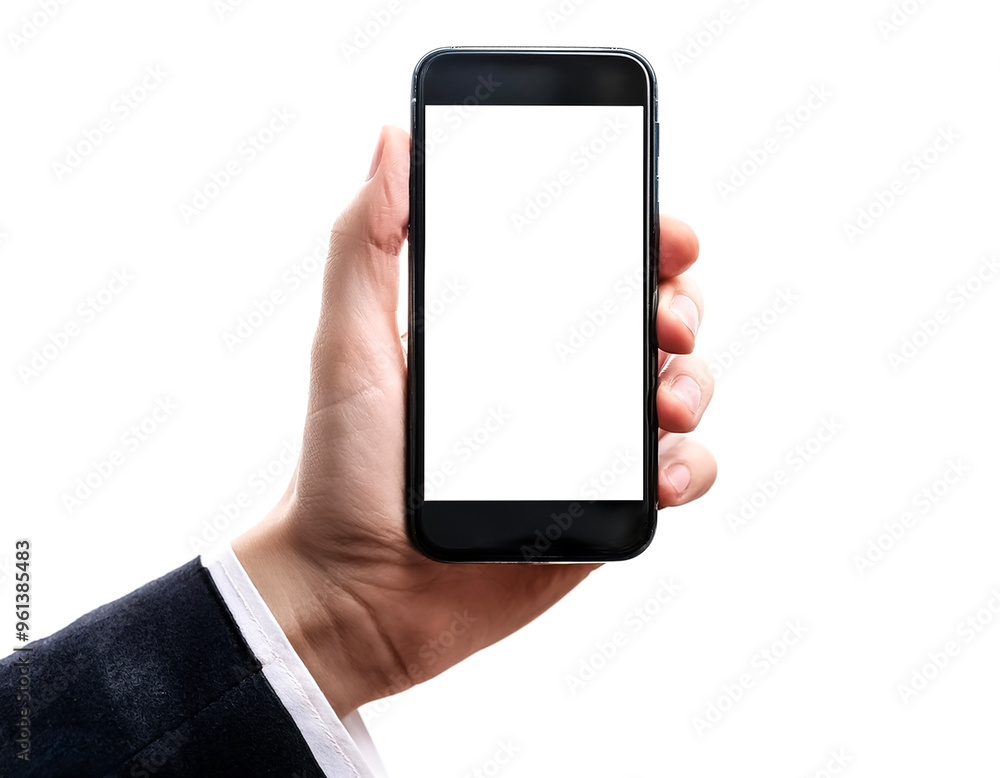 Close up of white hand holding modern smart phone mockup. New modern black frameless smartphone mockup with blank white screen Close up of white hand holding modern smart phone mockup. New modern black frameless smartphone mockup with blank white screen