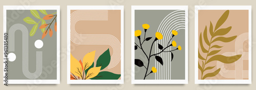 Set of minimalist abstract autumn botanical art with modern geometric style and organic plant elements. Design template for seasonal greetings and promotions, banner, ads, social media