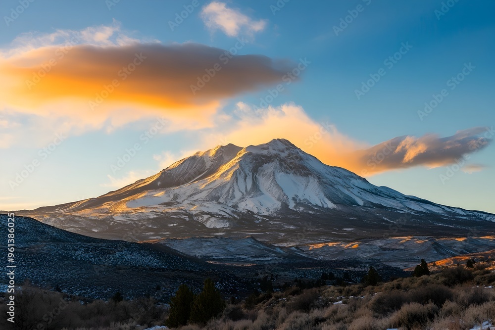 Fototapeta premium Majestic Snow Covered Mountain Peak at Breathtaking Sunrise Scenic Landscape