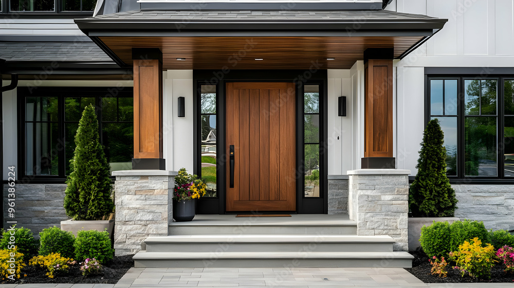 A modern entrance featuring a wooden door, stone accents, and neatly arranged plants. A modern entrance featuring a wooden door, stone accents, and neatly arranged plants.
